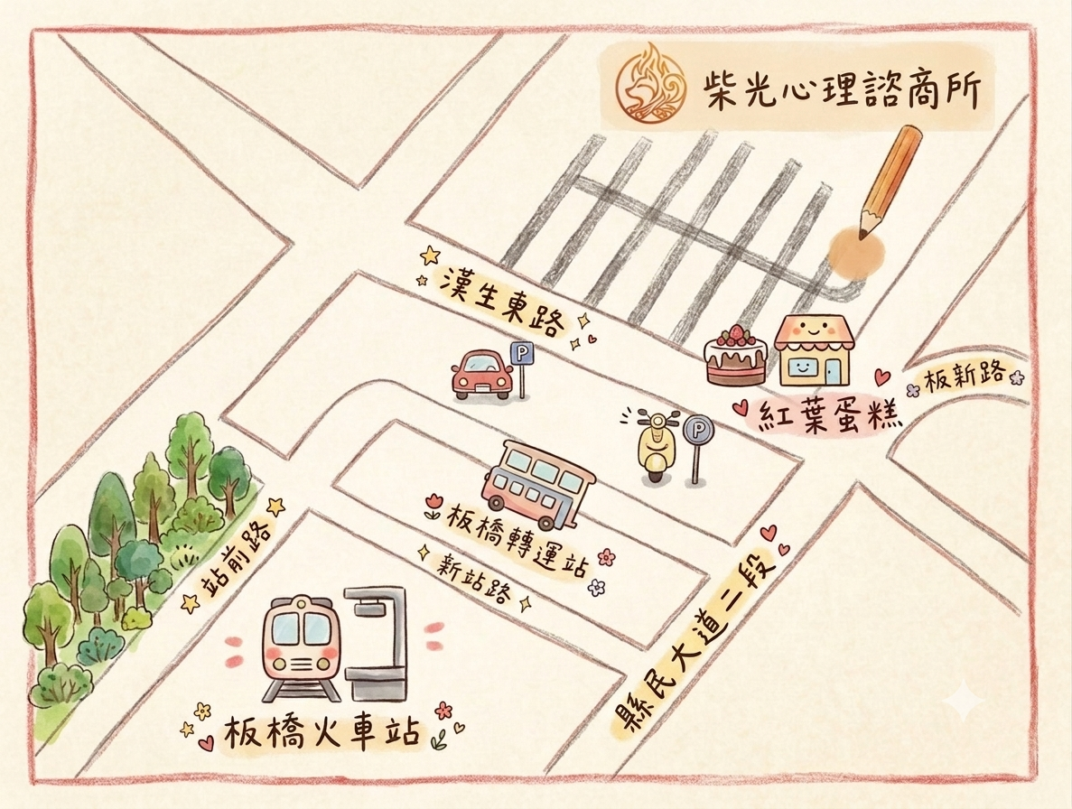 柴光心理諮商所手繪風格地圖，標示漢生東路、板橋轉運站、板橋火車站與紅葉蛋糕等周邊地標